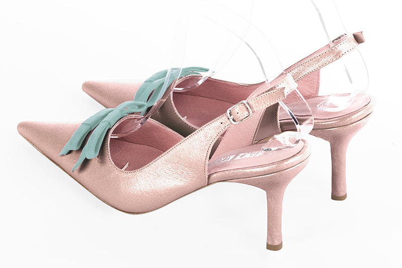 Powder pink and aquamarine blue women's open back shoes, with a knot. Pointed toe. High slim heel. Rear view - Florence KOOIJMAN